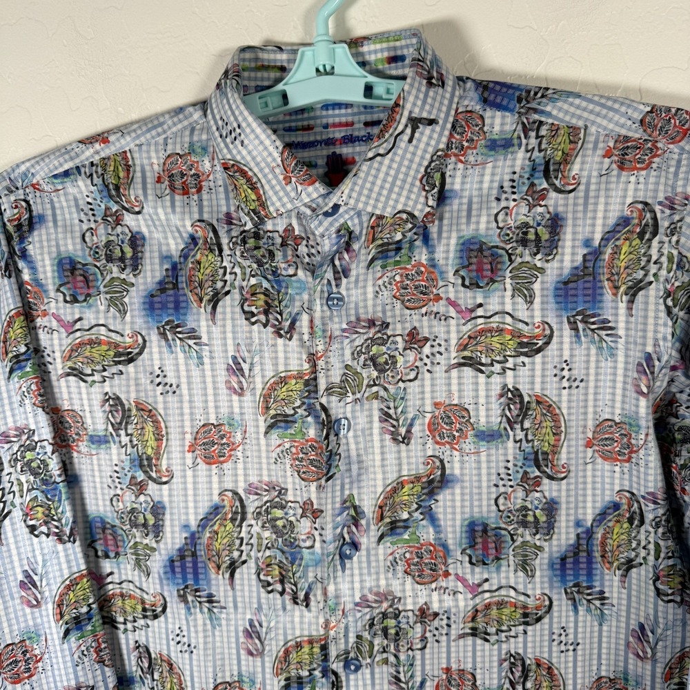 Visconti Black Shirt Mens Large Blue Button Up Paisley Floral Long Sleeve Casual